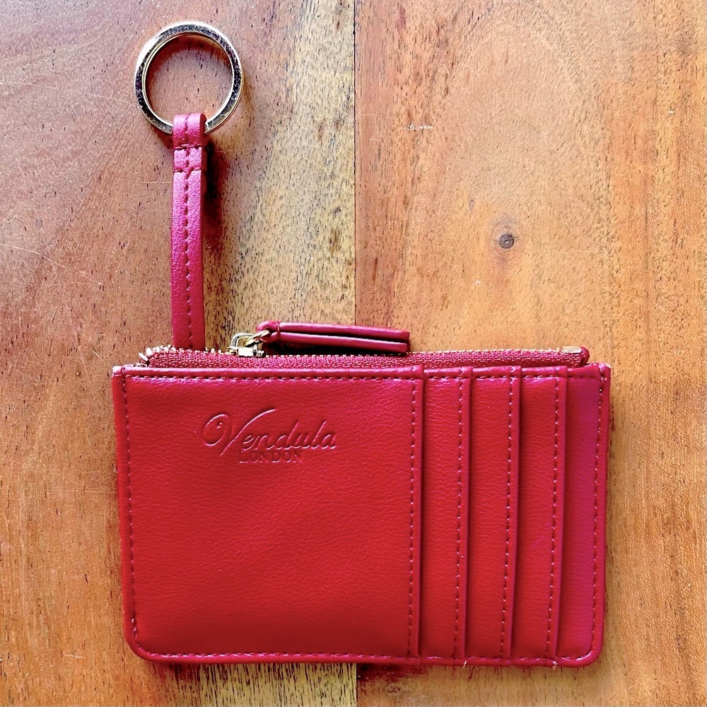Vendula London Zippered Card and Wallet with Key Ring VEGAN Leather- Deep Red